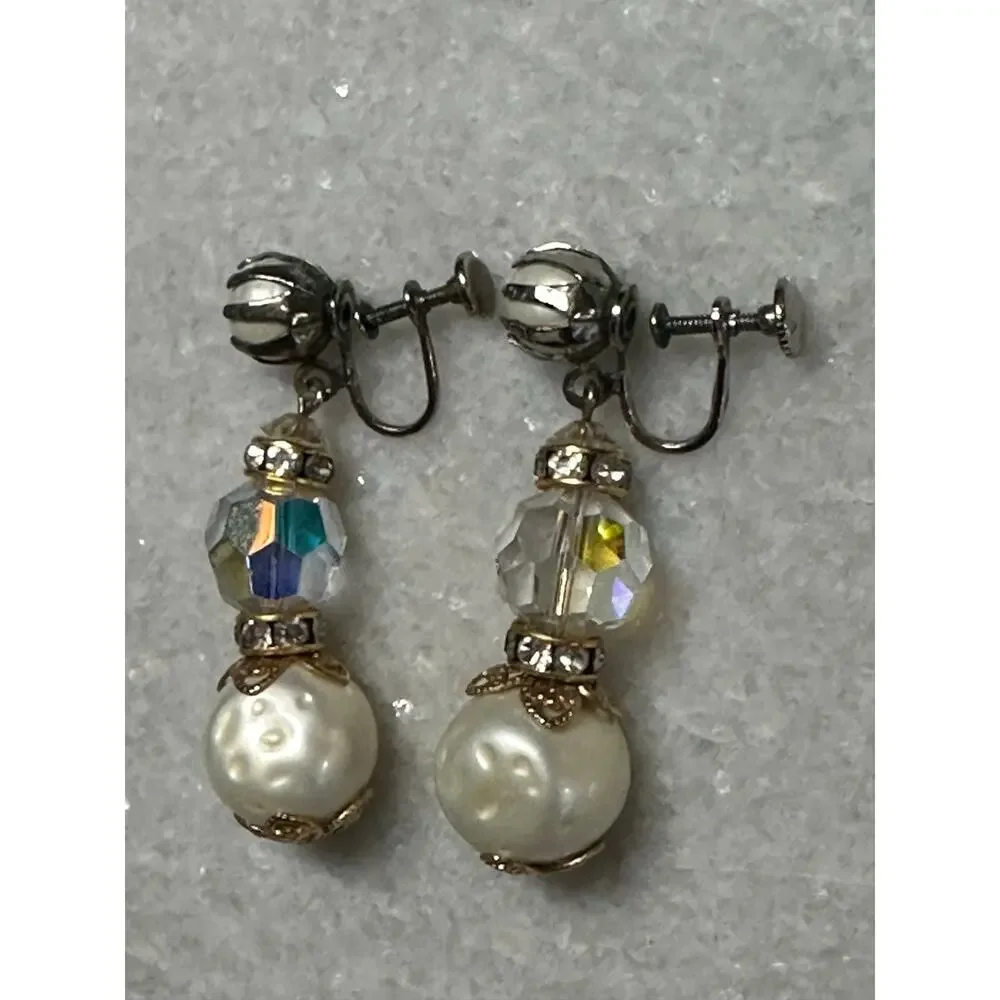 VTG Faux Pearl Crystal Gold Tone Drop Earrings Hollywood glam Statement jewelry